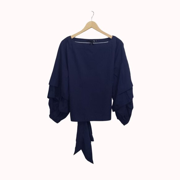 Max Jeans Tiered Balloon Puff Sleeve Blouse Womens XS Navy Cotton Tie-Back Top - Picture 3 of 16
